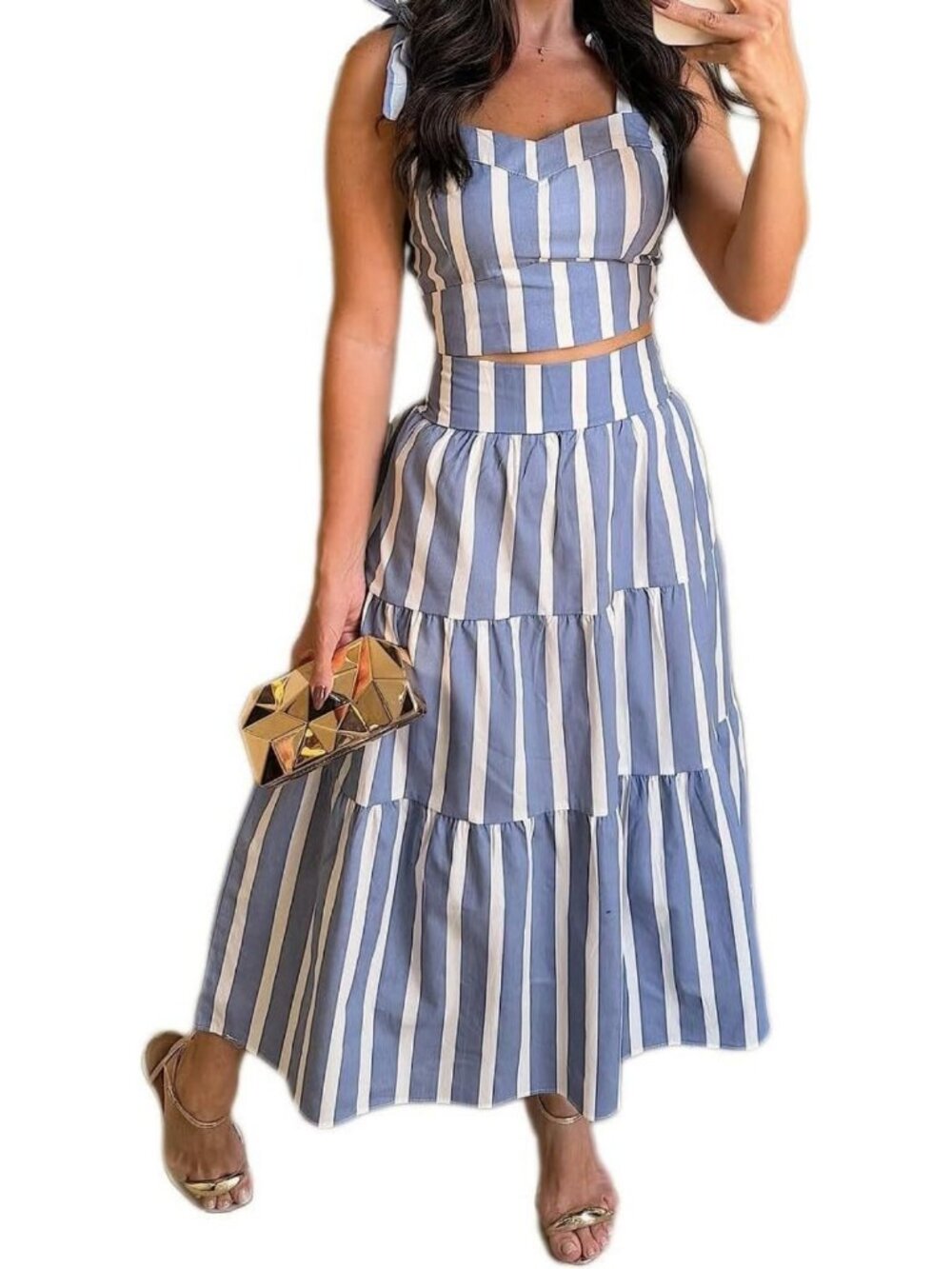 Chic Summer Two-Piece Set for Women: Halter Top & High Waist A-Line Maxi Skirt